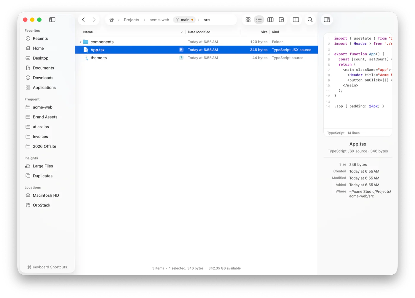 Git badges on files, the branch in the path bar and a syntax-highlighted code preview