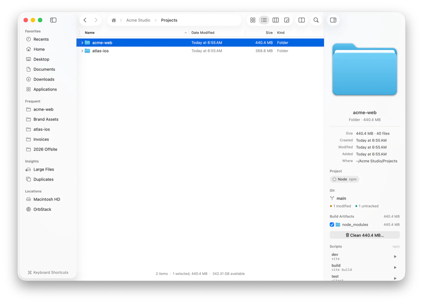 The project inspector with the branch, changes, build artifacts and scripts